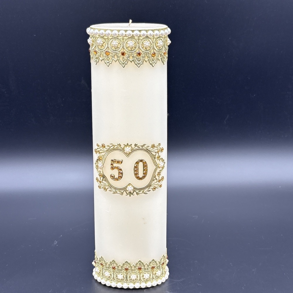 Vtg 1960s Ruth Farah Artisan Wedding Anniversary Candle 12.5" Filigree Pearl